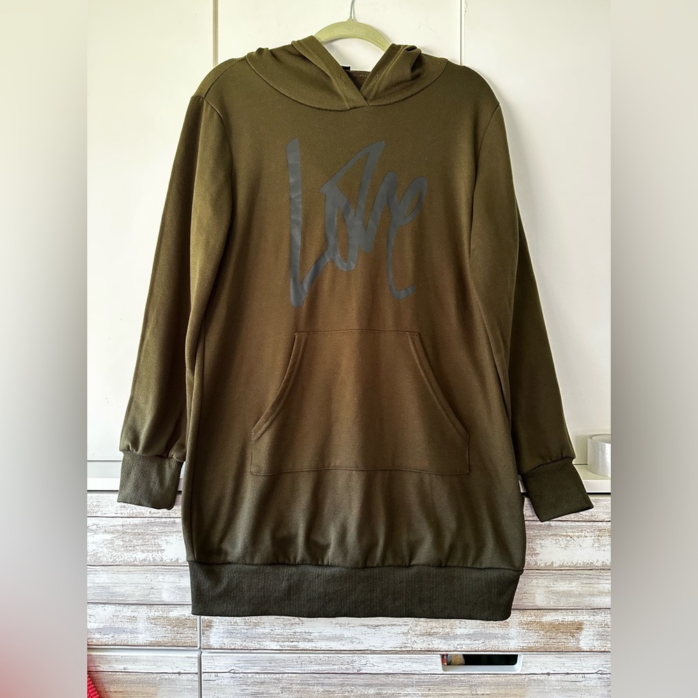 ๐ PrettyGarden Olive Green LOVE Hoodie Dress Tunic Medium Longline Pullover